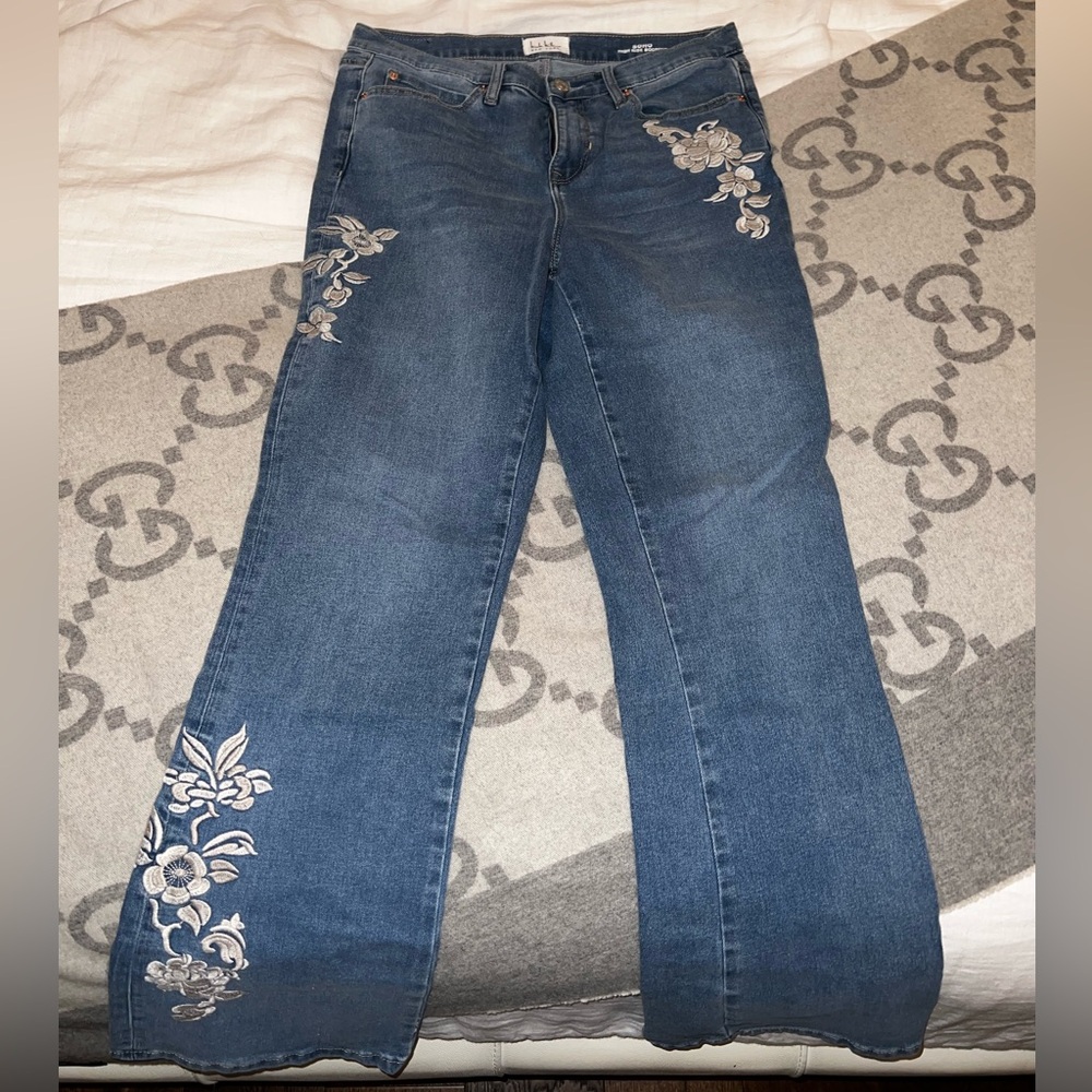 Nicole by Nicole Miller Blue Embroidered Flare Jeans
